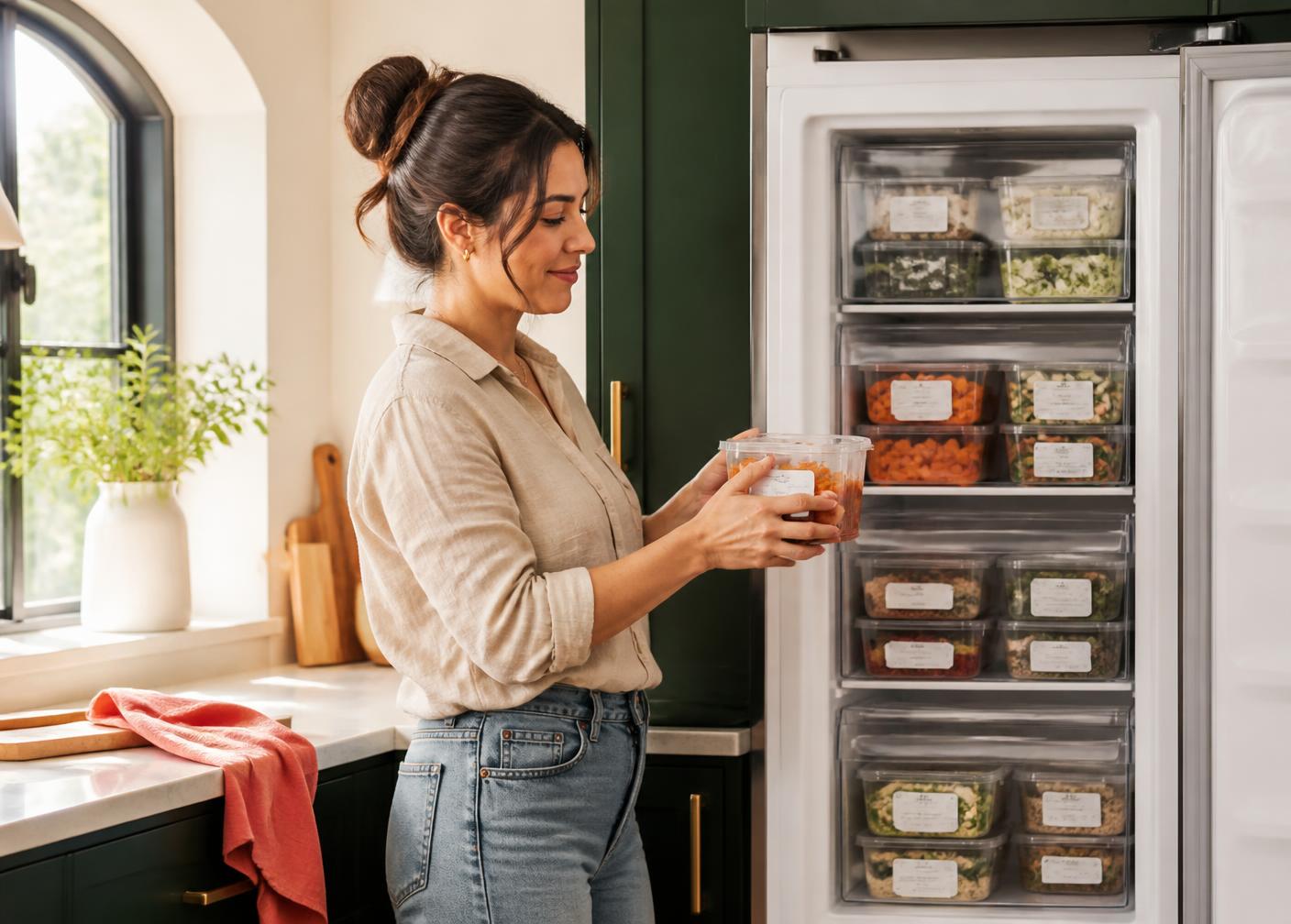 Mujer eligiendo una comida de un freezer organizado